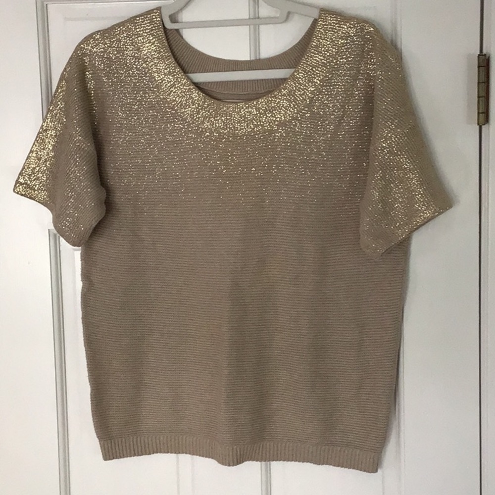 Beige Short Sleeve Knit Top with Gold Metallic Yoke
